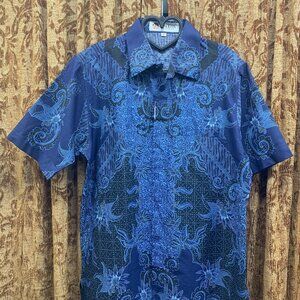 NEW Batik Keris Short Sleeve Button Up Men’s Shirt Blue Floral Paisley Print